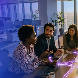 Business professionals talking at a table in office with purple neon connectors representing AI
