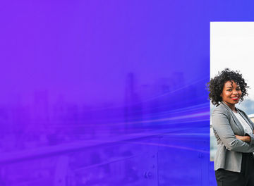 Business woman and man standing by glass railing with city in brackground banner