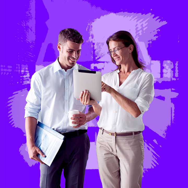 Business woman holding tablet showing man with coffee and report banner