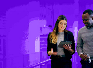 Business man and woman with tablet chatting banner