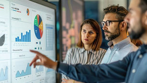 Professionals reviewing charts, graphs, and performance metrics on a digital analytics dashboard.