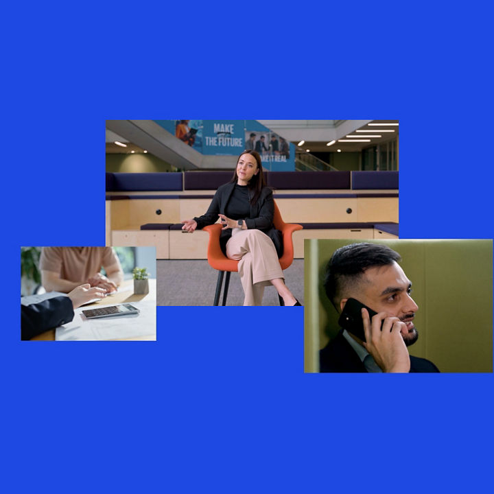 Collage of workplace scenes featuring a seated professional in office