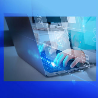 Business performance monitoring concept, businessman using smartphone Online survey filling out, digital form checklist, blue background.