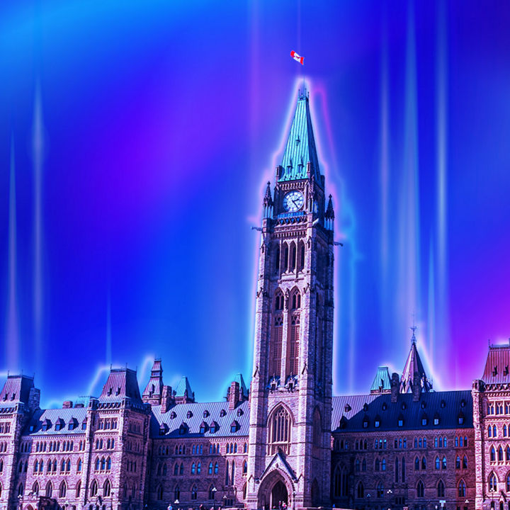 Parliament Hill and Peace Tower with vibrant blue and purple background
