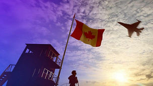 Canadian soldier guards tower with flag while CF-18 fighter jet flies overhead