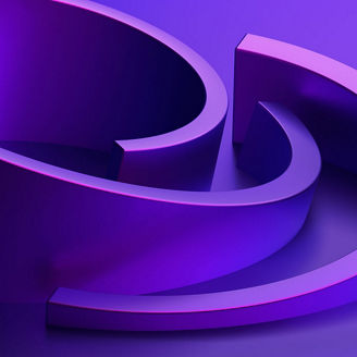 Close-up of curved, thick 3D bands in purple and pink tones arranged in an abstract overlapping pattern on a smooth purple surface