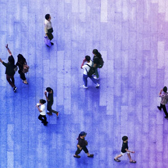 Top aerial view crowd of people walking on business street pedestrian