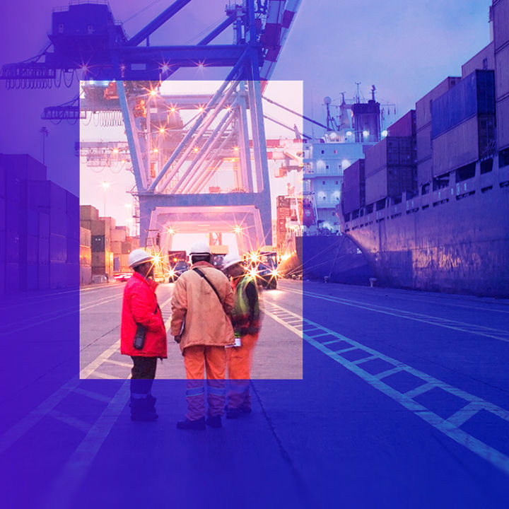 Cargo crane workers and shipping containers at port banner