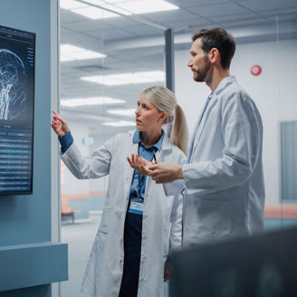 Medical Neuroscience Hospital Lab Meeting: Diverse Team of Neurosurgeon and Neurologist Analyze TV Screen Showing MRI Scan with Brain Images, Talk About Sick Patient Treatment Method, New Drugs Cure