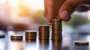 Hand counting stacked coins, financial growth concept, close-up of savings, investment planning, and wealth accumulation in sunlight.