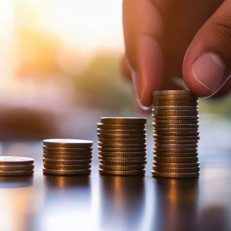 Hand counting stacked coins, financial growth concept, close-up of savings, investment planning, and wealth accumulation in sunlight.