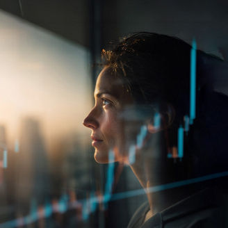 Person looking out window with financial chart overlay cityscape