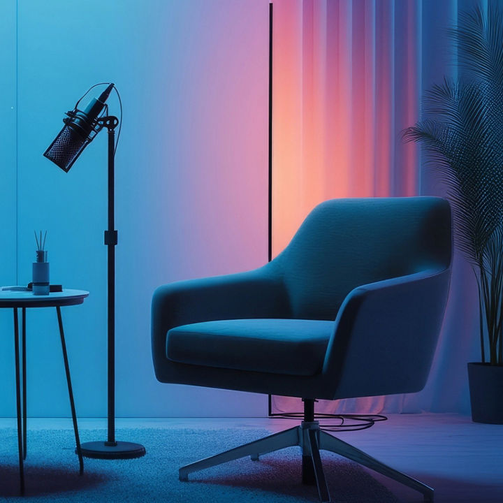 Podcast studio set with two armchairs, microphones and a small table against a blue-lit backdrop