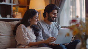 Planning vacation Cute happy millennial indian couple searching hotel and resort online using laptop sitting on couch in cozy living room interior at home free space : Generative AI