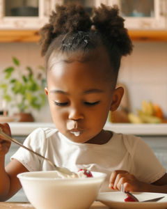 Young girl eating yoghurt with a hat on