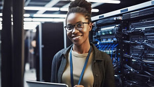 Portrait of Black woman engineer tech in computer server room. Generative AI.