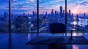 City skyline viewed from office window.