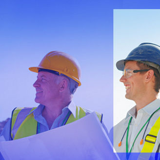 Civil engineers discussing project model banner