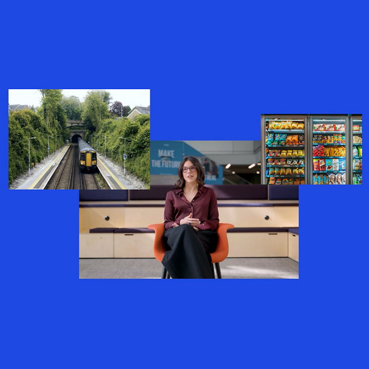 Train entering a station, a person seated indoors, and shelves of packaged goods in a layered collage on a blue background
