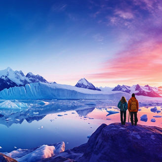 Two hikers standing at icey lake, looking at frozen mountains and the sunset
