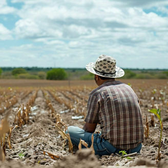 A farmer gazing sadly at wilted crops in a barren field, showcasing the impact of the drought on agriculture.