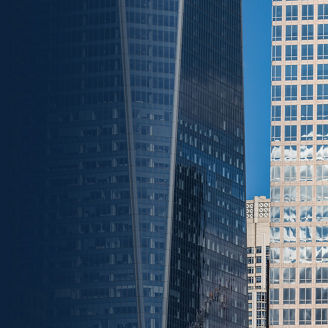 Close up view of modern glass skyscrapers banner