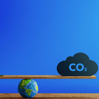 Pflanze und CO2-Wolke auf Wippe