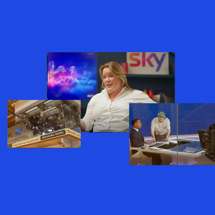 A collage showing a studio interview, a television newsroom, and a broadcast production