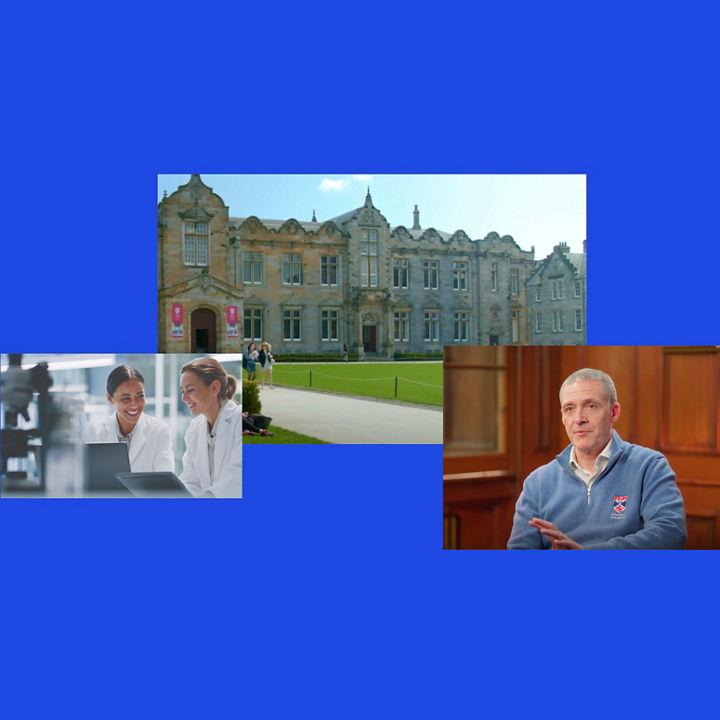 Collage representing the University of St Andrews, featuring a historic campus building, collaborative research