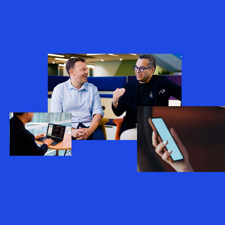 A blue background collage showing teamwork, coding, and mobile technology