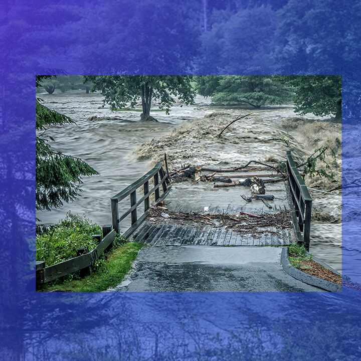 Collapsed bridge in flood banner