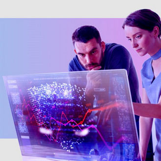  Colleagues looking at glass screen