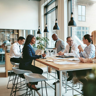 Smiling group of diverse businesspeople discussing paperwork together while having a meeting around a table in a modern office