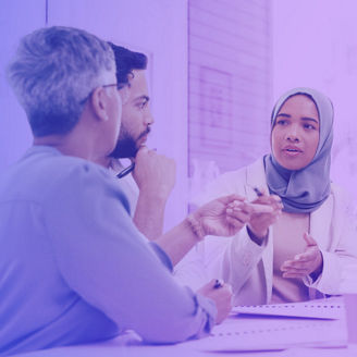 Collegues discussing banner