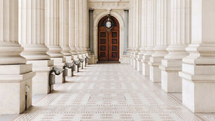 "Classic columns of the Victorian Parliament building in Melbourne, Australia."