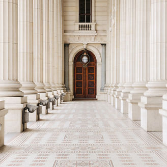 "Classic columns of the Victorian Parliament building in Melbourne, Australia."