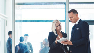 Ceo, tablet and business people in office with advice, ideas or planning online report together. Man, woman and digital app in meeting with discussion, schedule or mentor support for corporate team.
