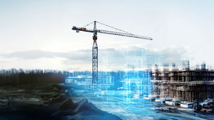 Building construction site with crane and digital projection