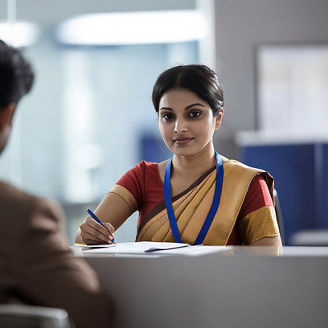 Indian woman sitting at a bank counter and a man in a suit sitting behind her, discussing or offering incentives, financial consultation, bank transaction assistance