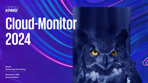 Das Bild ist eine Werbegrafik von KPMG mit dem Titel "Cloud-Monitor 2024". Es zeigt eine Eule vor einem Hintergrund mit bunten, geschwungenen Linien in Blau- und Pinktönen. Unten steht "Studie Technology Consulting", "November 2024" und die Website "kpmg.at/cloud".