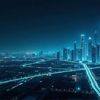Skyline met blauwe verlichting