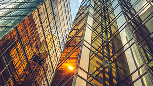 directly below view of modern golden architecture,Hong Kong,China.