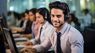 Indian call centre - Happy Male Customer Representative communicating with customer on microphone