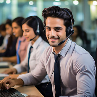 Indian call centre - Happy Male Customer Representative communicating with customer on microphone