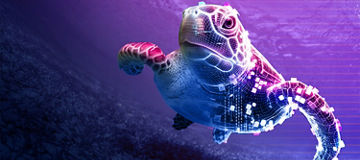 Digitale, neonfarbene Meeresschildkröte schwimmt in einem violett-blauen, futuristischen Ozean; Pixel- und Glitch-Effekte.