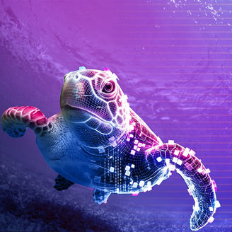 Digitale, neonfarbene Meeresschildkröte schwimmt in einem violett-blauen, futuristischen Ozean; Pixel- und Glitch-Effekte.