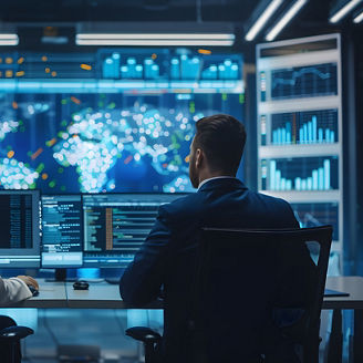 Wide Zoom In Back Shot Of Diverse Male And Female Risk Managers Analyzing Data On Digital Screen In Monitoring Room. Multiethnic Employees Working On Computers For Succesful Venture Capital Company