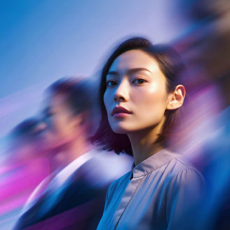 A professional woman in the foreground looks confidently at the camera while blurred figures move behind her against a blue and purple background.