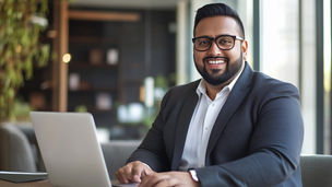 Plus size indian businessman in an office, working at laptop. Indian manager in his office, using a computer. modern office environment , business related banner. Heavy weight businessman body inclusi