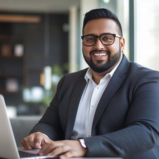 Plus size indian businessman in an office, working at laptop. Indian manager in his office, using a computer. modern office environment , business related banner. Heavy weight businessman body inclusi